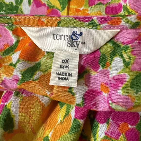Terra & Sky Bright Floral Midi Dress Puff Sleeve Tie Detail Pink OrangeGreenBoho - Picture 3 of 7